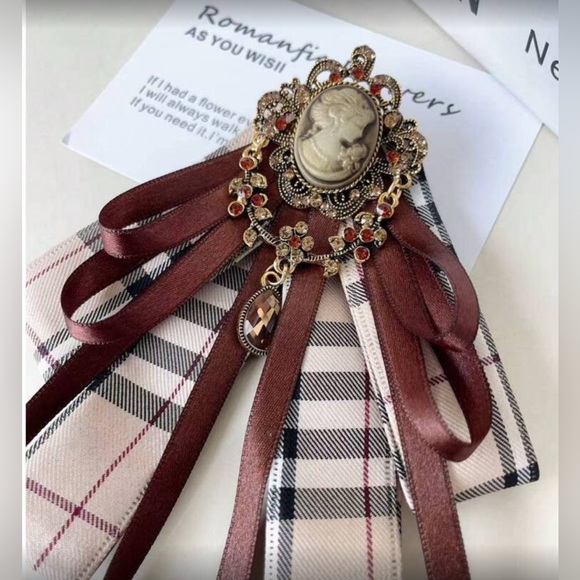 Plaid Vintage Cameo Brooch With Brown Ribbon